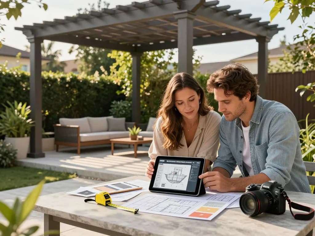 Coppia che progetta una pergola utilizzando il software configuratore pergole su un tablet in un tranquillo contesto all'aperto.