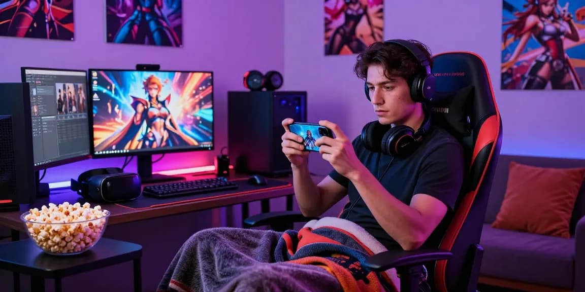 Engaged gamer playing a mobile hentai game in a cozy gaming room, illuminated by LED lights.