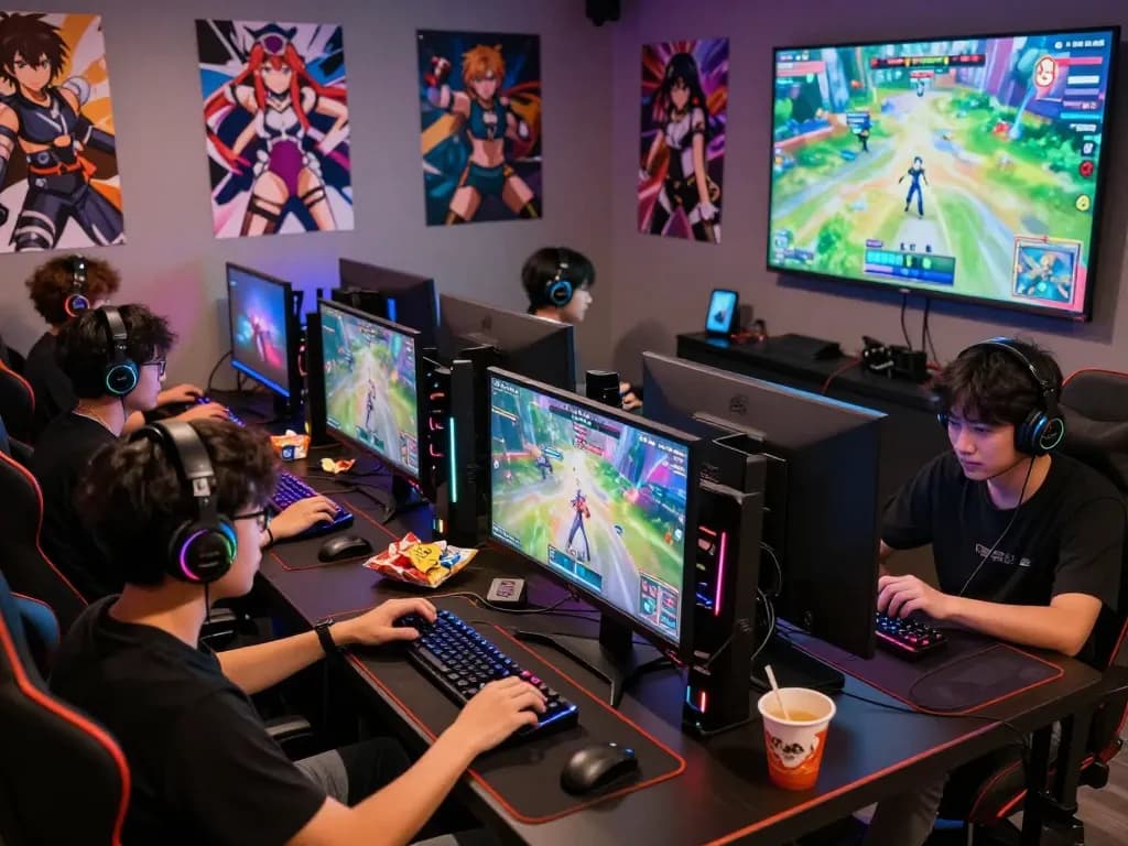 Young adults enjoying an anime porn game in a vibrant gaming lounge.