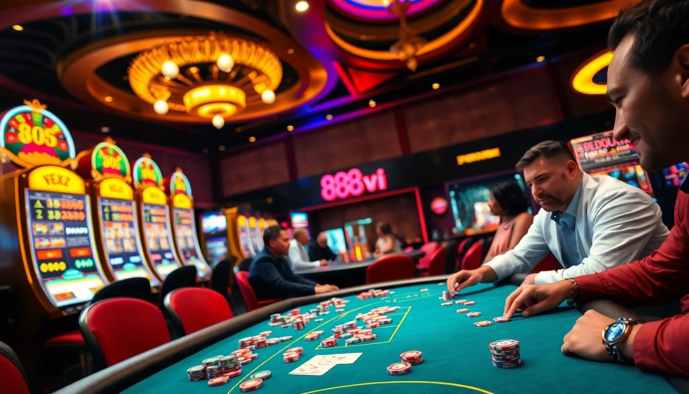 Engage in thrilling action at 888vi's luxurious casino tables filled with vibrant poker chips.