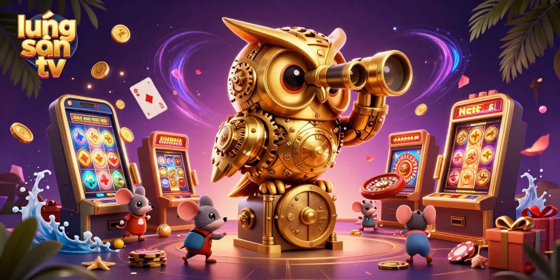 Experience thrilling gaming with lương sơn tv as the clockwork owl surveys a vibrant casino scene.