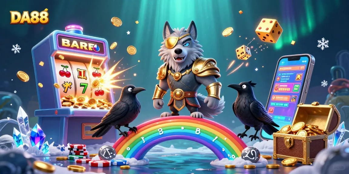 DA88 themed illustration showcasing a vibrant casino scene with mythical elements and action
