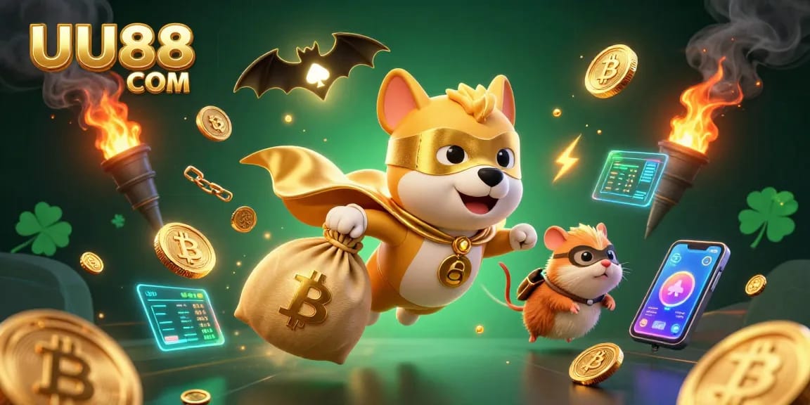 Fly with UU88 COM's superhero dog amidst gold coins and crypto elements in an exciting casino scene.