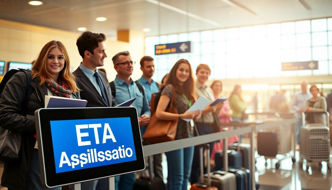Travelers engaging with the eta application uk process at a busy airport check-in.