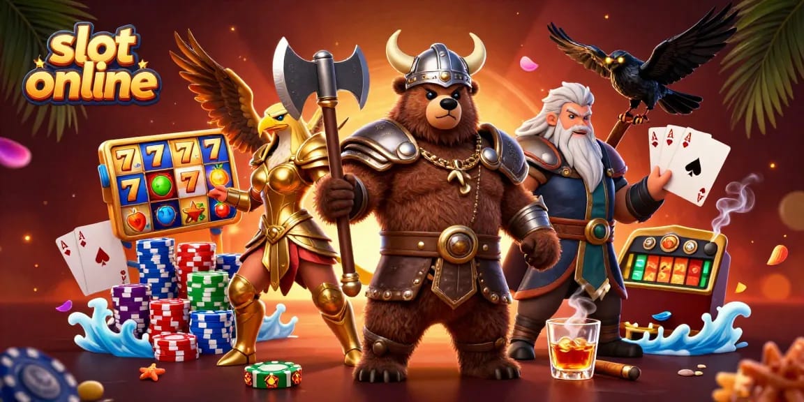 Spin the reels with slot online excitement in this vibrant casino illustration featuring characters and game elements.