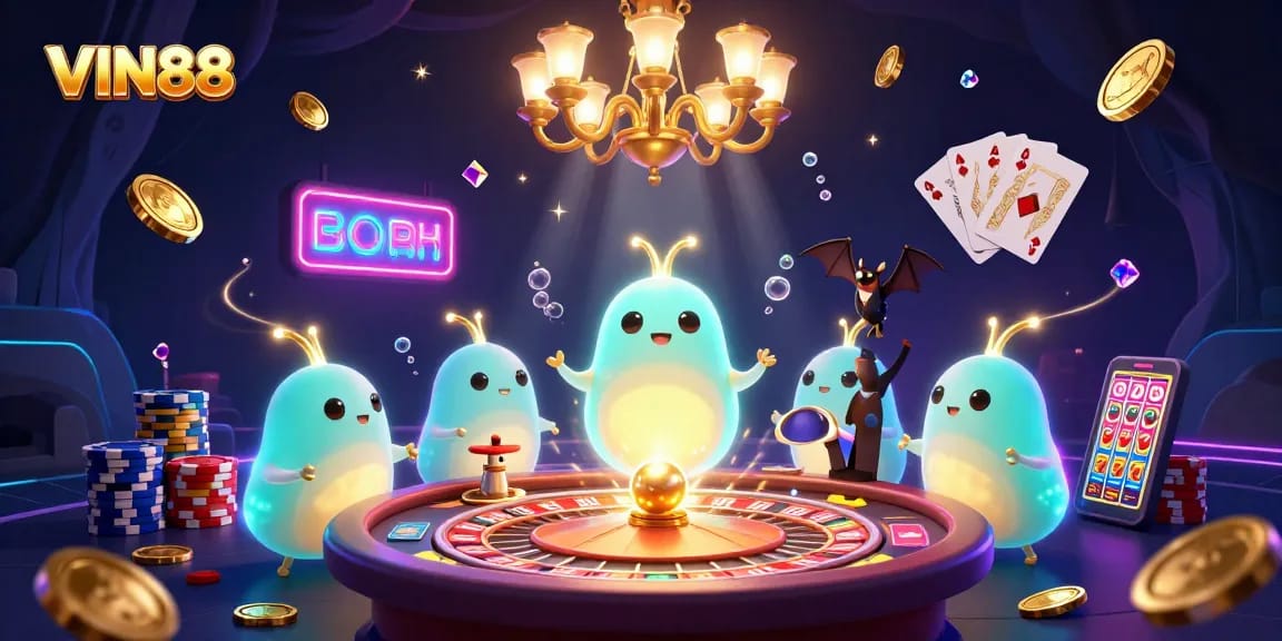 Join the excitement at VIN88 in this vibrant casino scene filled with glowing characters and games.