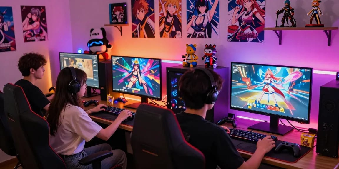Engaged gamers enjoying a hentai game in a cozy room with gaming decorations.