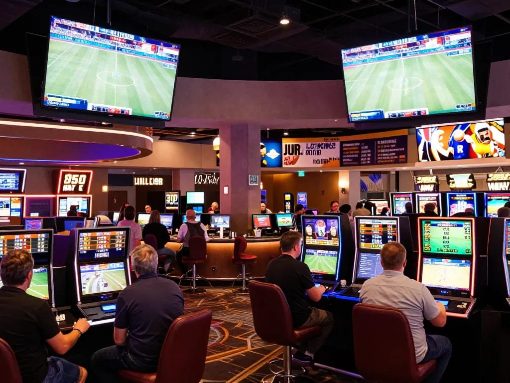 Soi keo nha cai with engaged bettors analyzing odds in a lively sportsbook area.