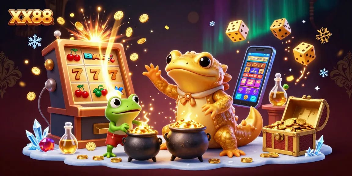 Experience the golden opportunities of XX88 with a magical casino scene full of slot machines and treasures.