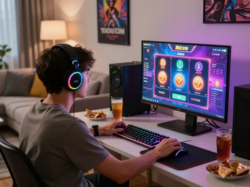 Nohu 78 online gaming experience with a focused gamer enjoying vibrant slot game graphics.