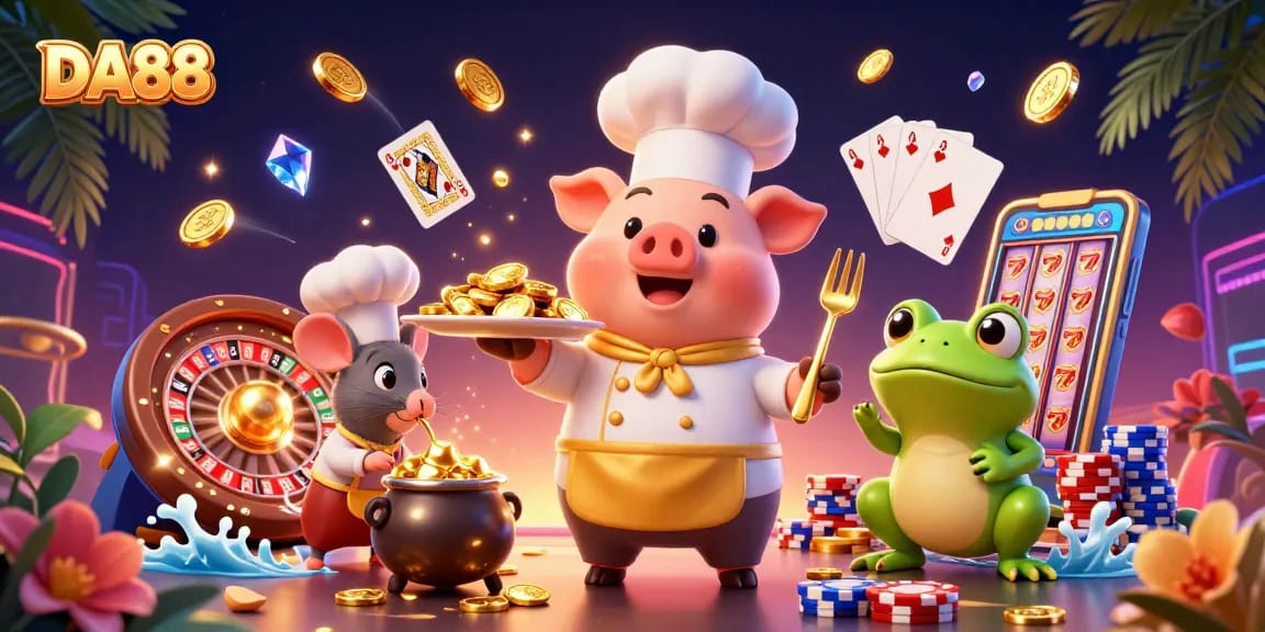 Experience thrilling gameplay at DA88 with a vibrant casino scene filled with animated characters and shimmering winnings.