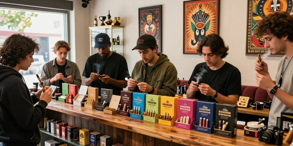 Friends exploring rokok88 super products in a cozy smoke shop atmosphere