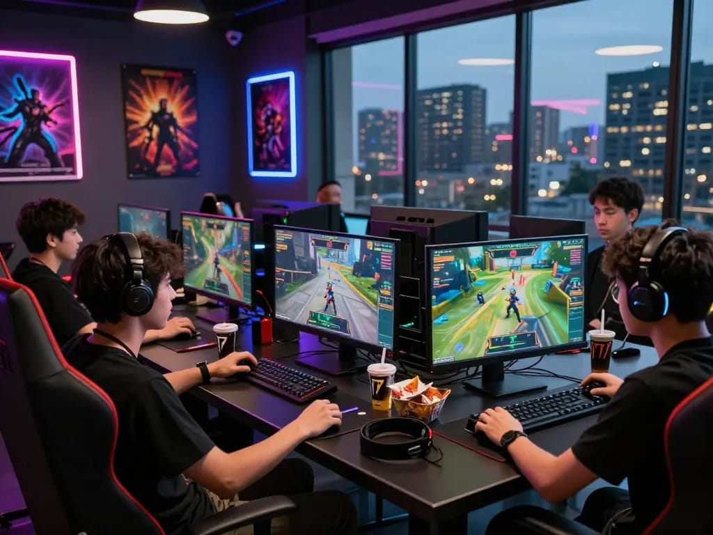 Dynamic gaming scene showcasing enthusiasts engaging with https://rikviprent.com on high-end monitors, filled with energy drinks and snacks.