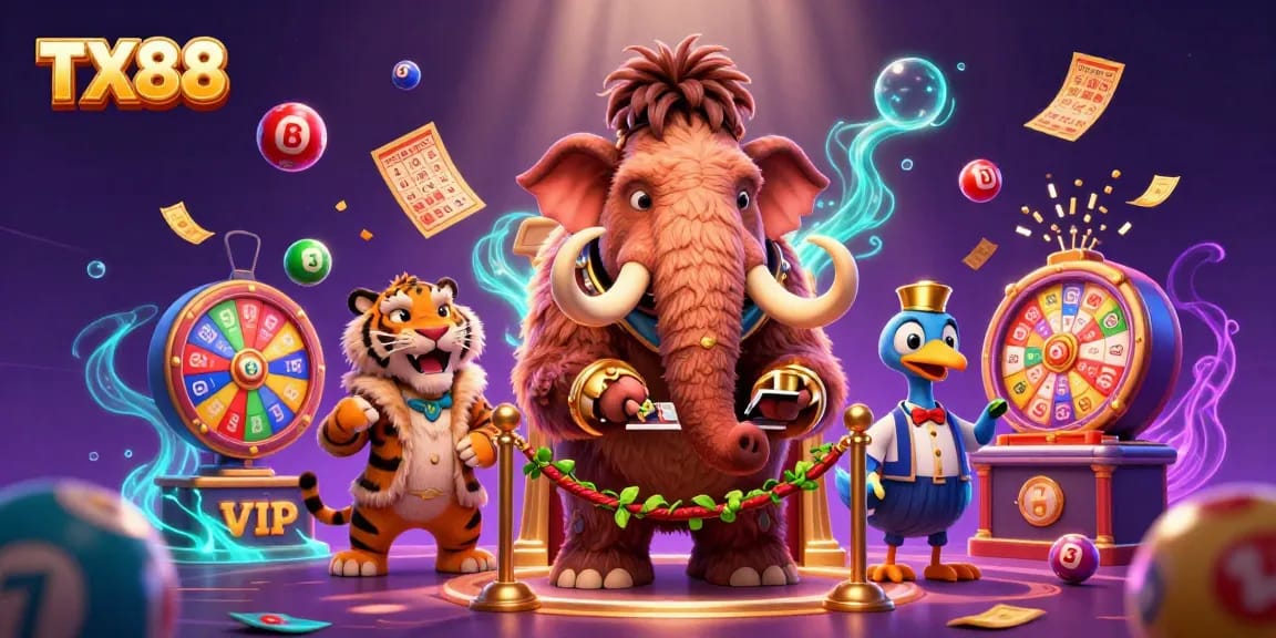 Experience vibrant gambling fun with TX88 at a lively casino illustration featuring dynamic characters.