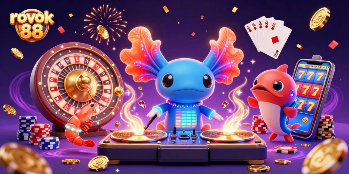 Engage with rokok 88’s vibrant gaming scene featuring lively axolotl DJ and energetic marine characters.