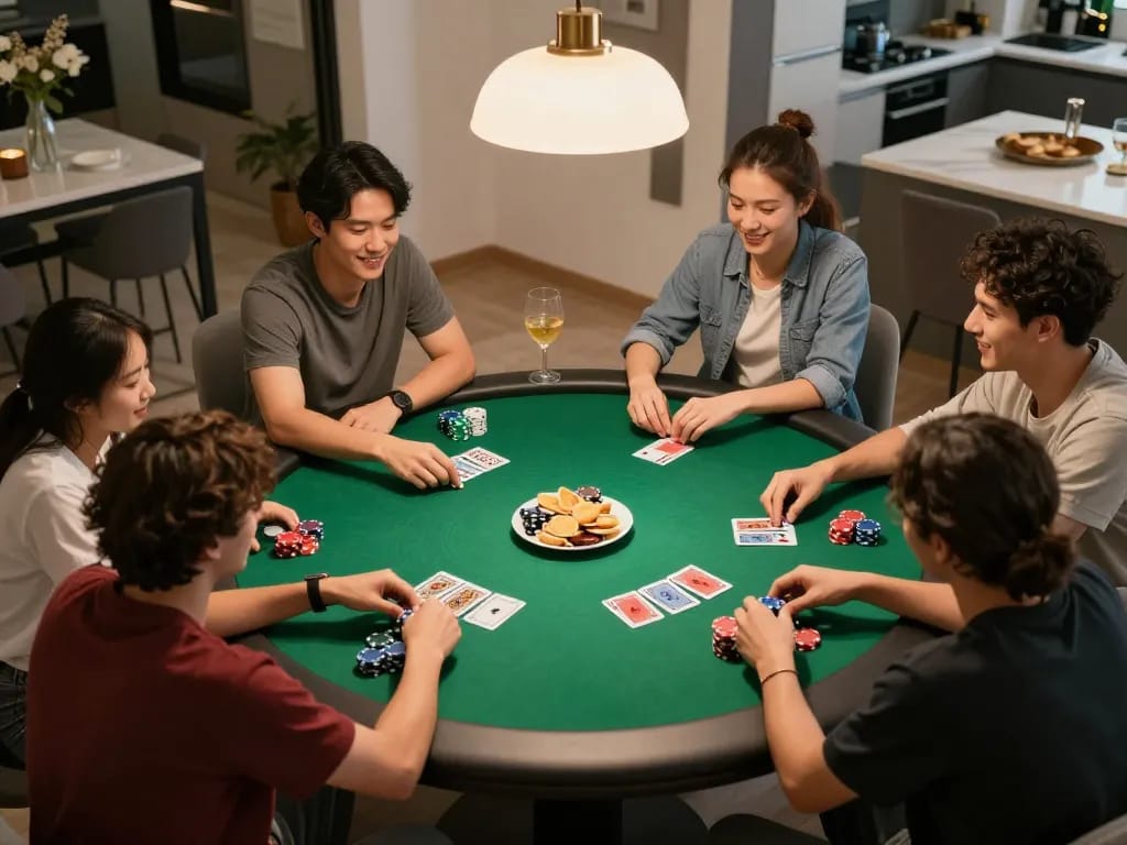 Engaged friends playing poker at home, showcasing social atmosphere with BL555 gaming elements.
