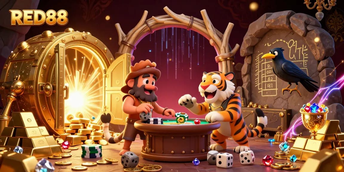 Engage with RED88's prehistoric casino world featuring cavemen and treasure.