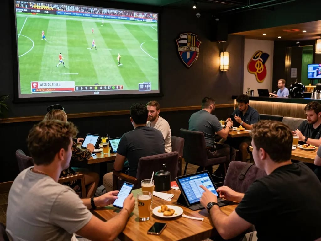 Fans engaging in kèo nhà cái at a vibrant sports bar during a live football match