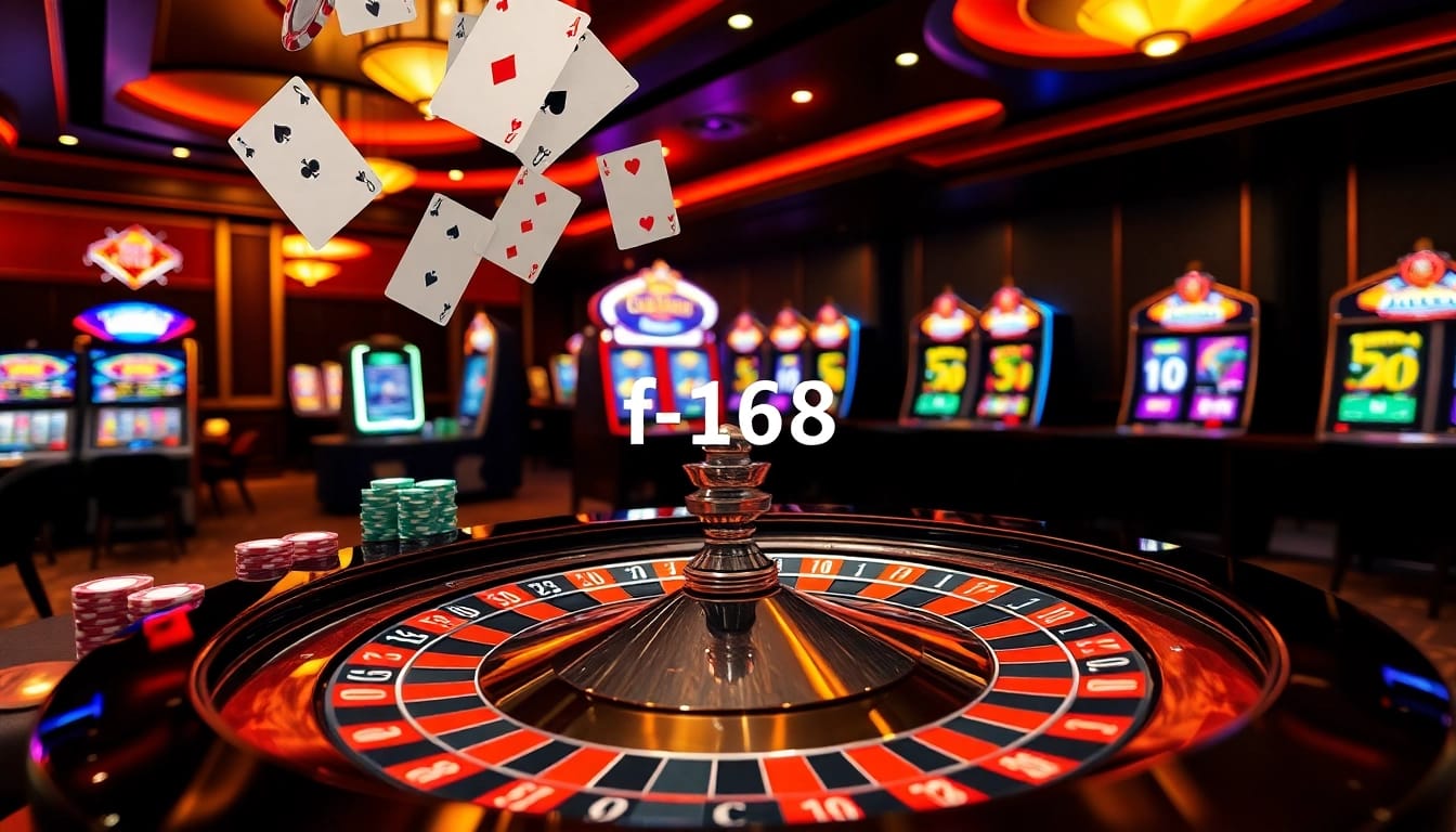 Excited players enjoying thrilling games at f168 casino, showcasing roulette, poker chips, and lively atmosphere.