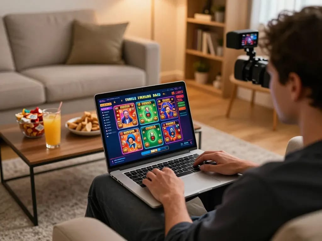 Engaging scene of a player at F8BET online casino, showcasing vibrant gaming interface on a laptop.