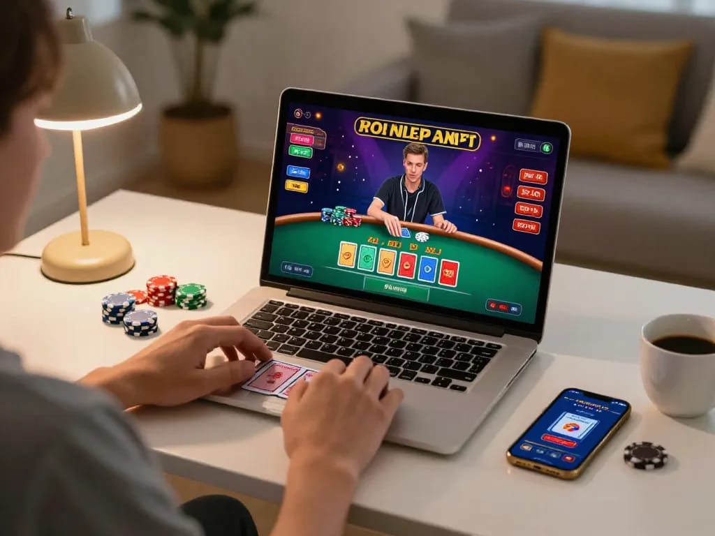Engaging in live dealer blackjack at nhà cái BL555 on a laptop in a cozy home setting.