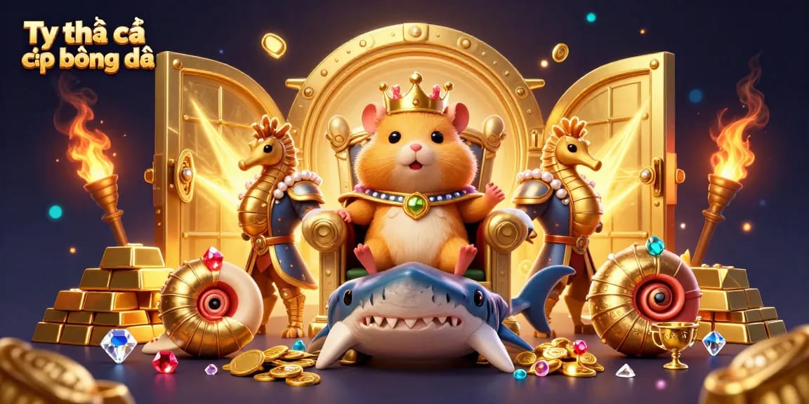 Engaging scene depicting Tỷ lệ cá cược bóng đá with a hamster king on a megalodon throne surrounded by treasure and vibrant gems.