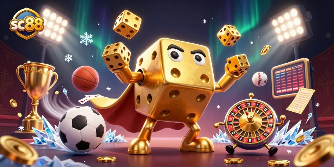 sc88 showcases an exciting casino scene with a juggling golden dice golem and dynamic sports elements.