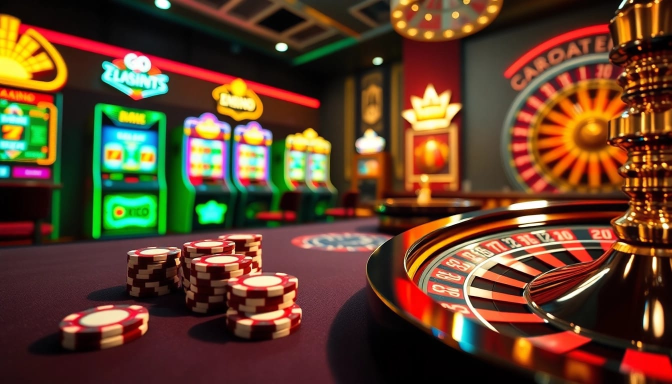 Experience excitement at uu88.company with vibrant slot machines and a roulette wheel in a luxurious casino setting.