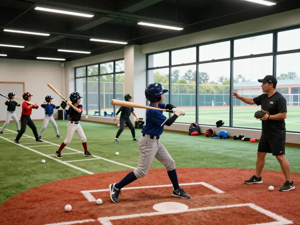Hitclub baseball training session with young athletes and coach in modern facility.