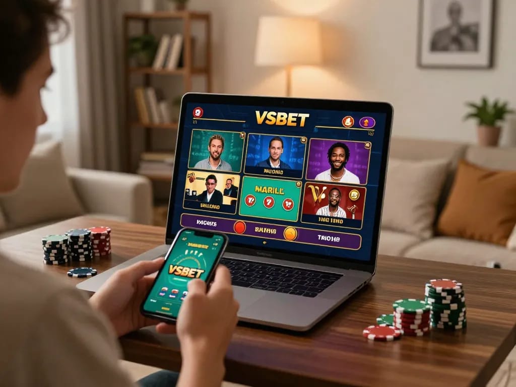 Player enjoying VSBET online gaming on a smartphone, highlighting responsible entertainment.
