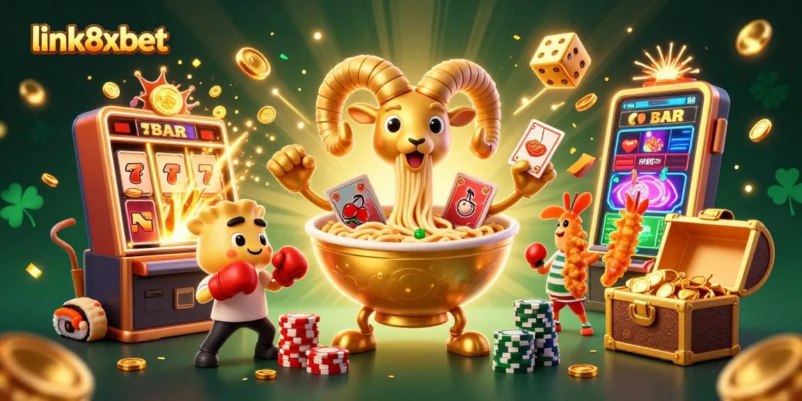 Experience the excitement of link8xbet with animated characters in a vibrant casino scene, showcasing dynamic games and rich colors.