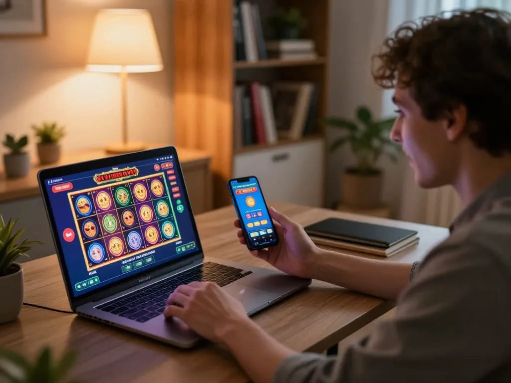 Engaging online gaming scene at https://da88.navy/ with player immersed in casino slots.