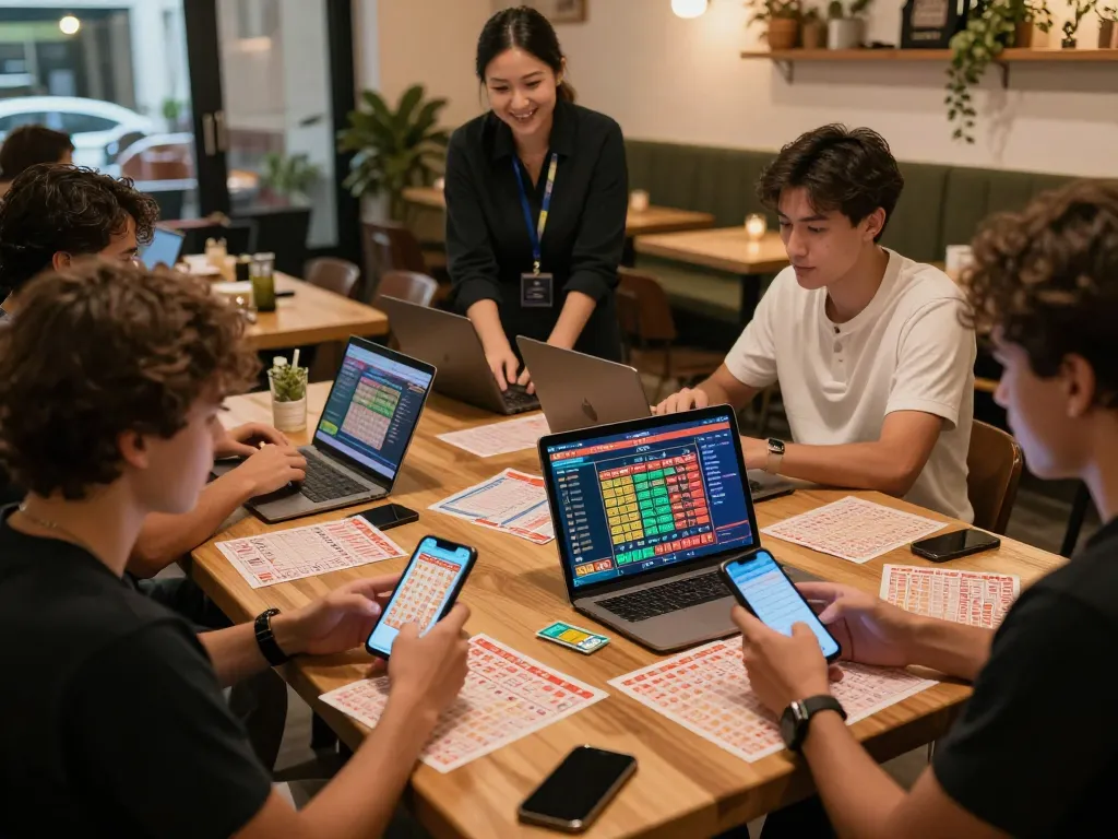 Engaging lô đề online betting scene with diverse players using smartphones and laptops in a cozy café setting.