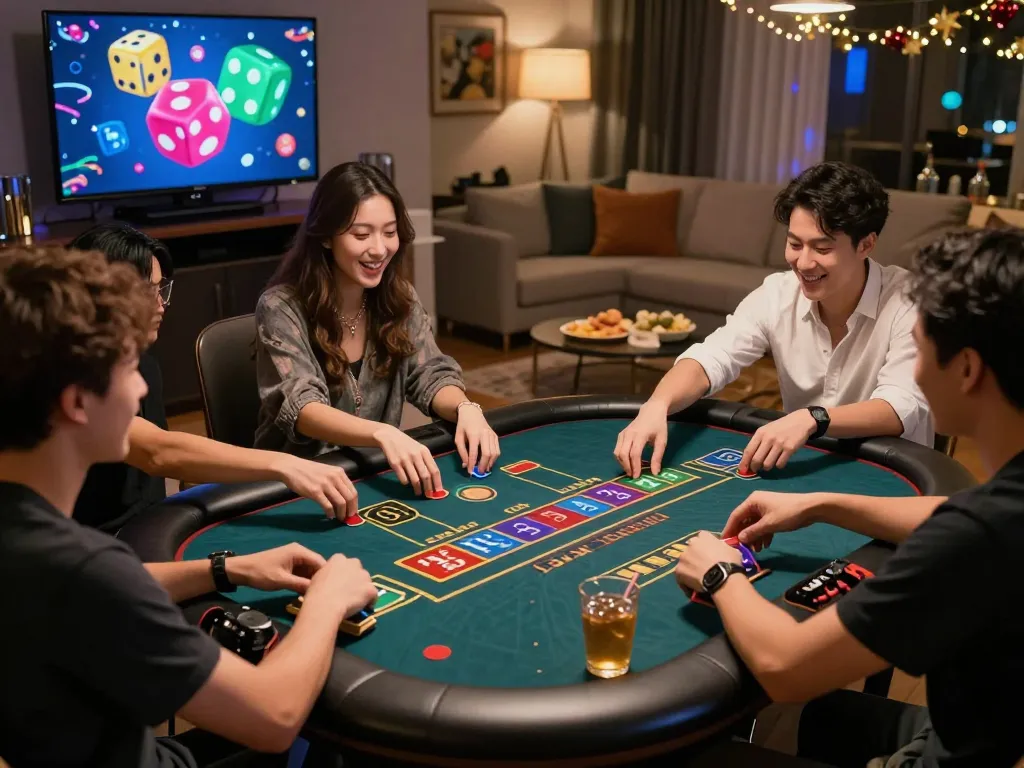 Excited friends playing tài xỉu sunwin at home during a game night celebration.