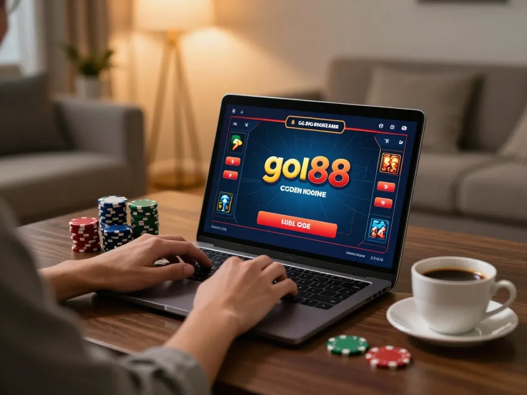 Engaging in online gaming at home, enjoying go88 casino experiences with laptop setup