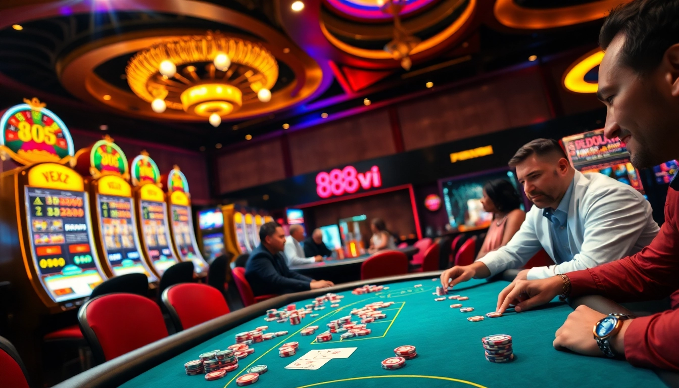 Engage in thrilling action at 888vi's luxurious casino tables filled with vibrant poker chips.