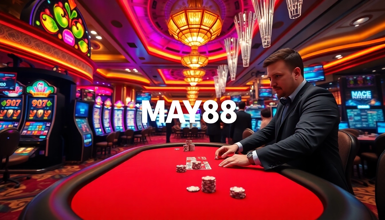 Engaging scene showcasing MAY88's lively casino with poker table interactions and vibrant slot machines.