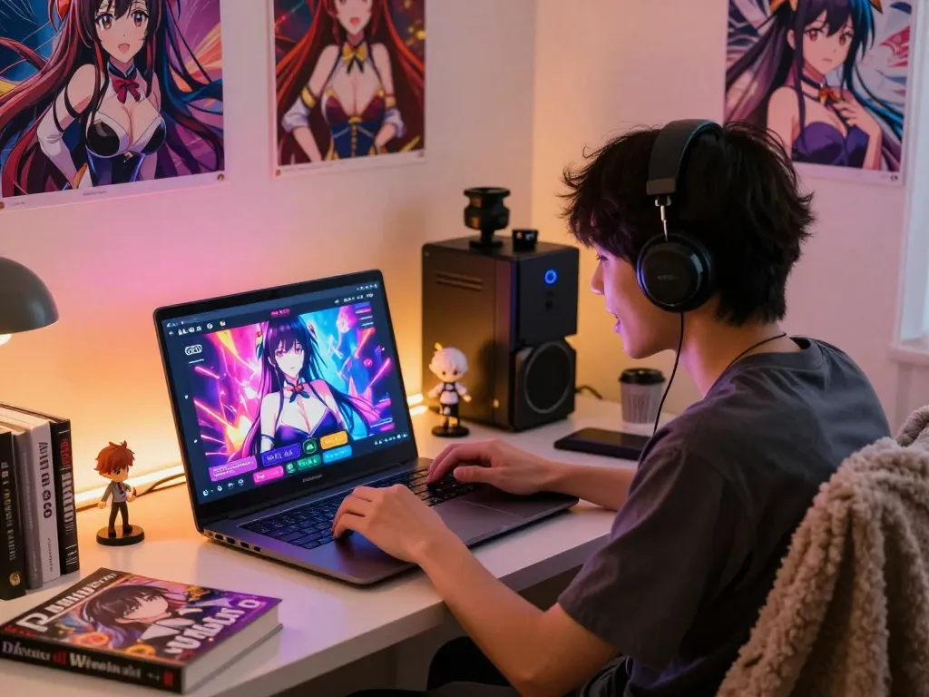 User engaging in a dynamic hentai AI chat, showcasing an immersive virtual interaction with vibrant character designs and themed desk decor.