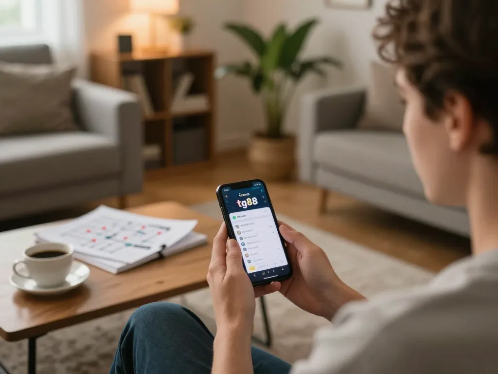 Player enjoying tg88 app for casino gaming while reviewing strategy notes in cozy living room