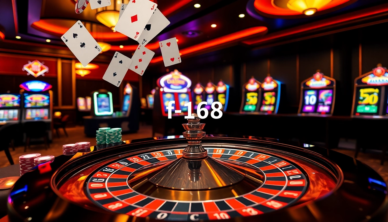 Excited players enjoying thrilling games at f168 casino, showcasing roulette, poker chips, and lively atmosphere.