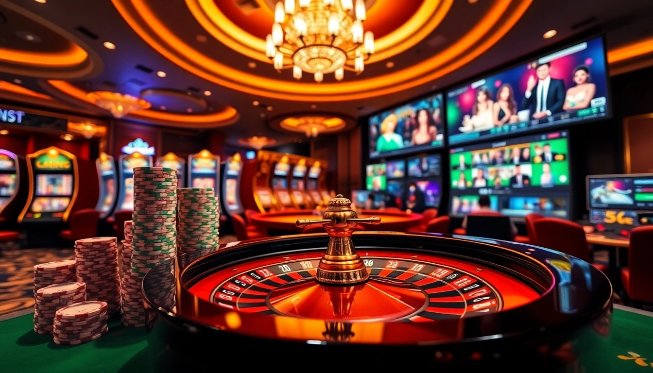 A vibrant casino scene showcasing online gambling elements at uu88.company, highlighting poker chips and live betting options.