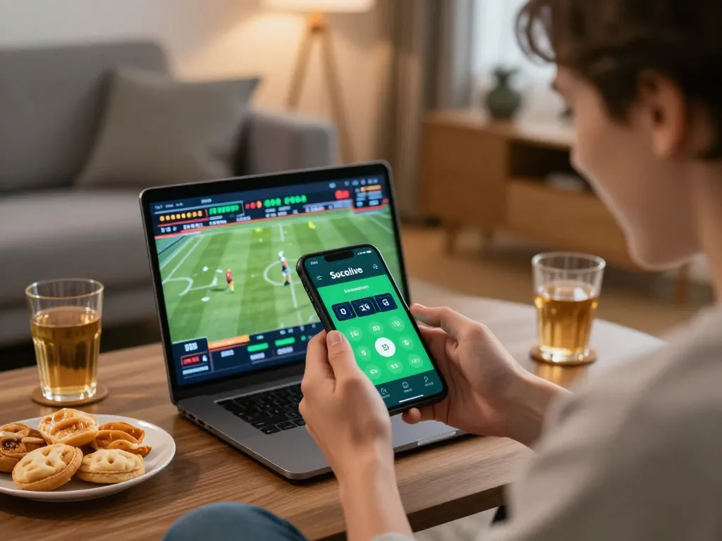 Socolive app user celebrating a winning sports bet on smartphone in a cozy setting.