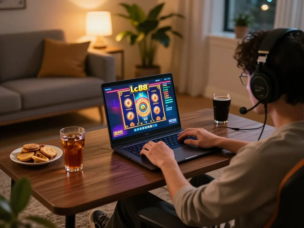Player engaging with lc88 online slot game on laptop in a cozy home setting, warm lighting enhancing the gaming experience.