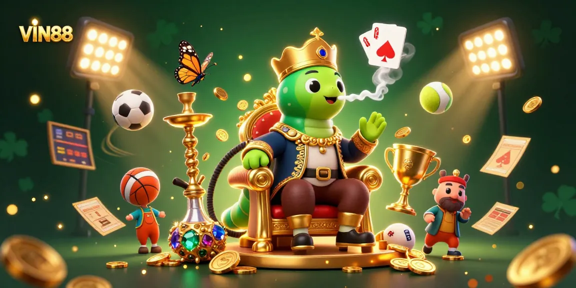 Win big with VIN88 casino featuring vibrant 3D illustrations of gaming excitement and sports energy.