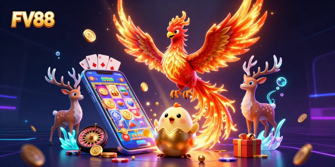 Spin with FV88: Experience vibrant 3D casino action with phoenix, golden coins, and exciting game elements.