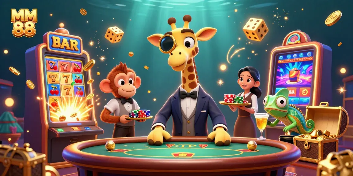 Experience MM 88's vibrant casino atmosphere with a high-roller giraffe and dynamic gaming elements.