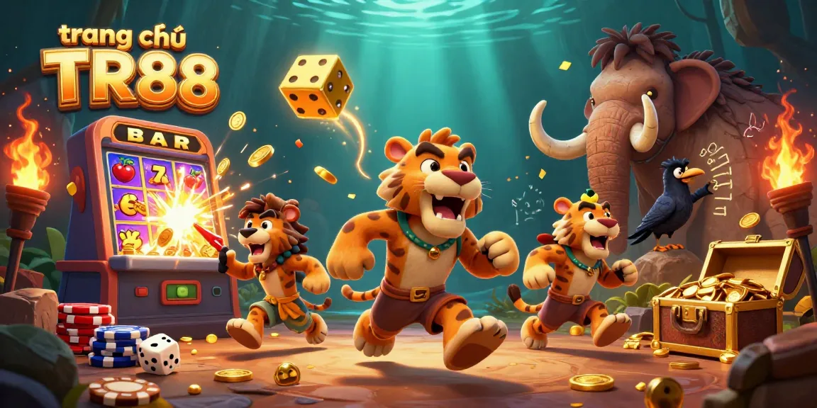Experience the dynamic world of trang chủ TR88 with a vibrant prehistoric casino scene featuring iconic symbols and jackpot excitement.