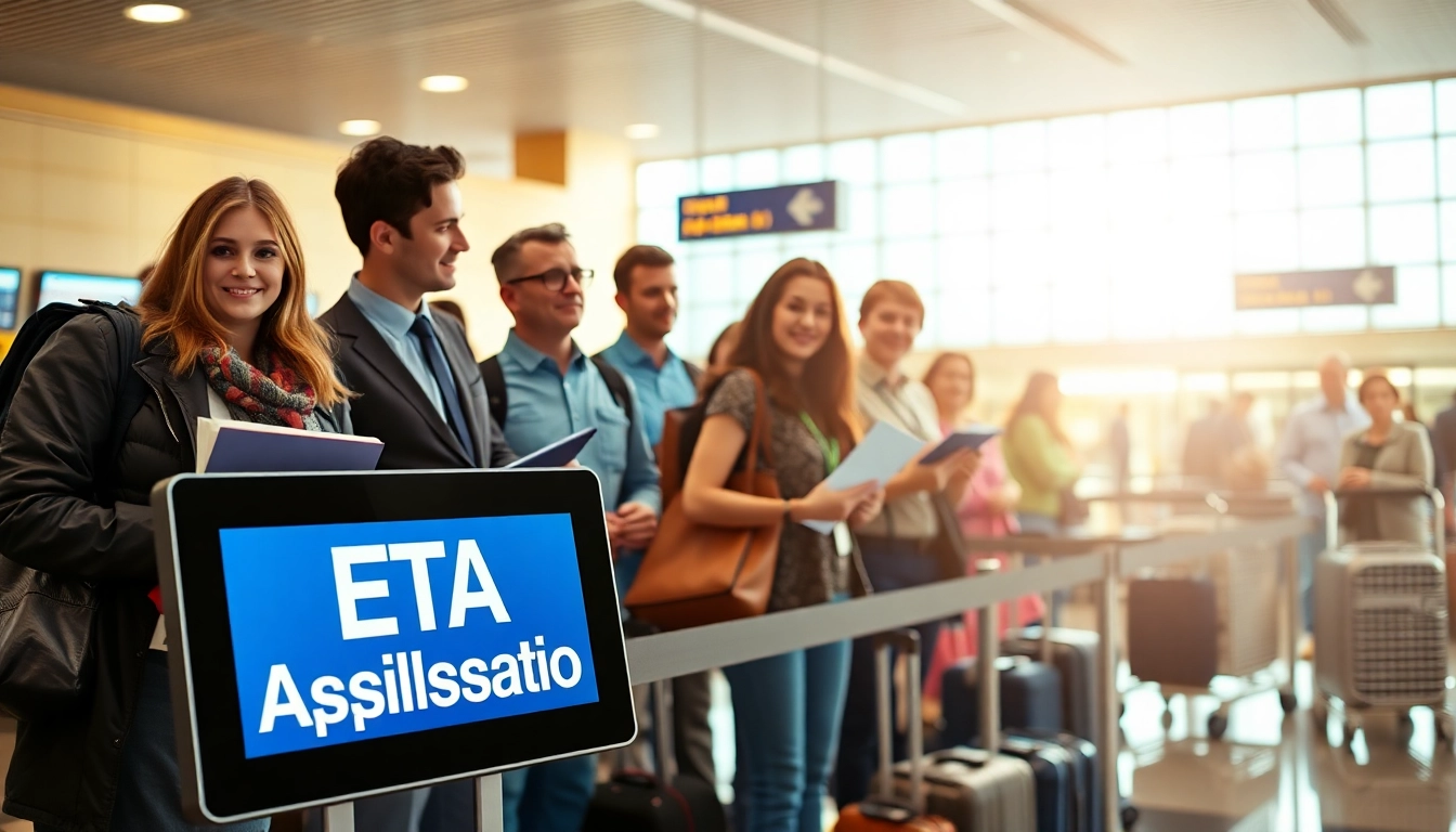 Travelers engaging with the eta application uk process at a busy airport check-in.