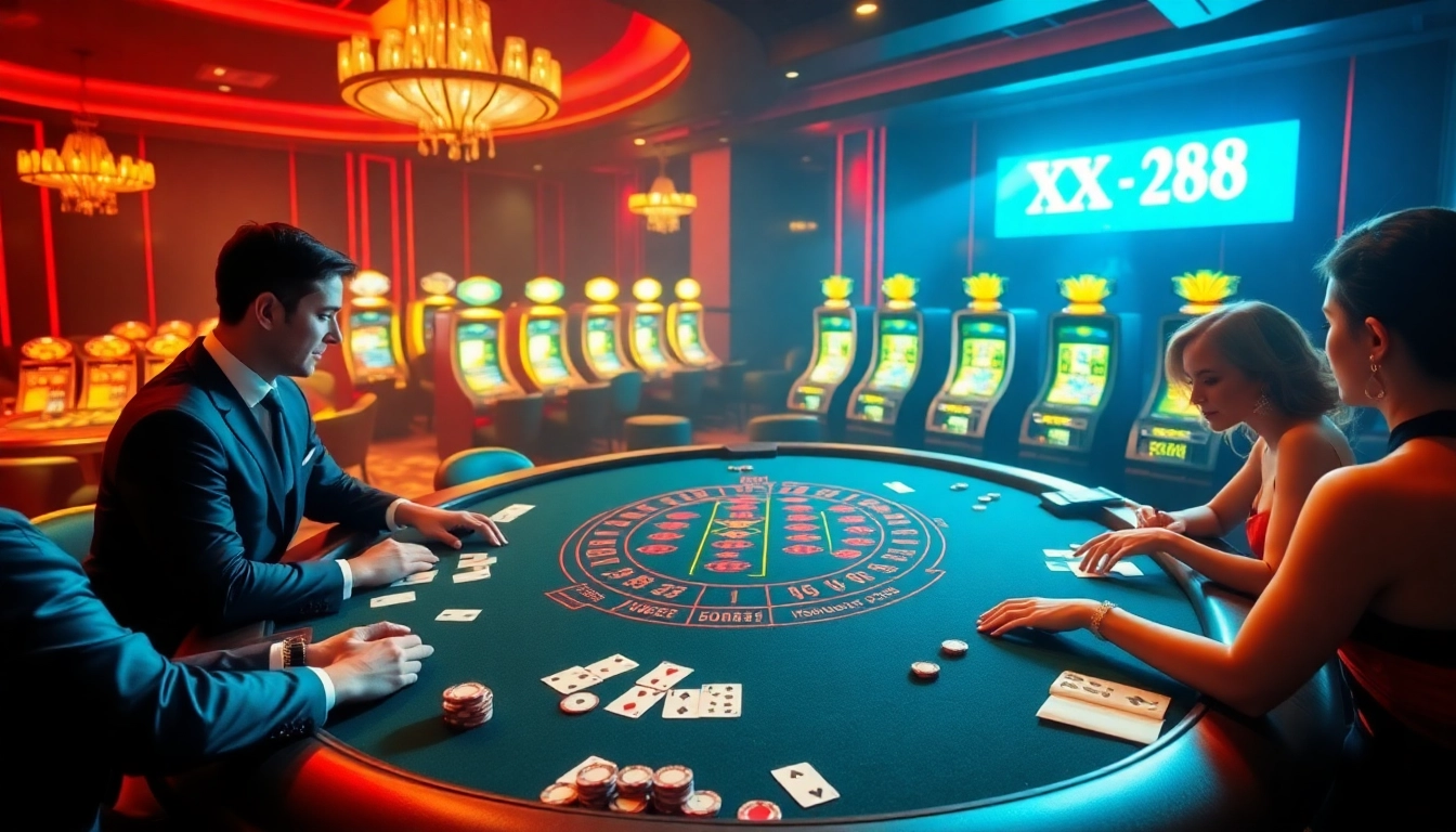 Players engage in baccarat action at XX88, surrounded by colorful casino elements and excitement.
