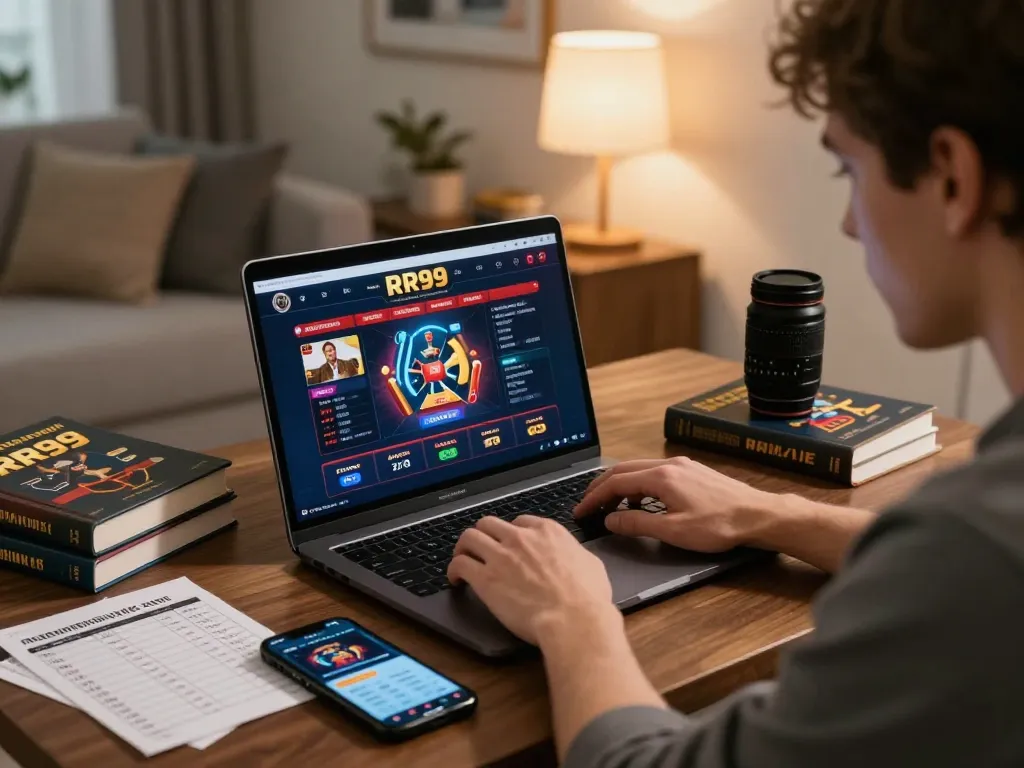 Engaging gameplay at RR99 online casino with laptop, strategy notes, and smartphone